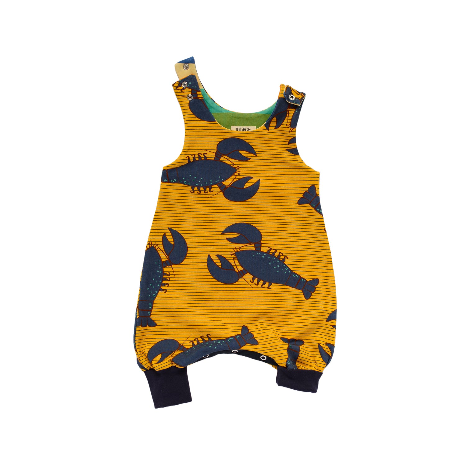 Size expandable grow with me romper with bottom poppers in a blue lobster on gold striped organic cotton jersey, made in Bristol, UK