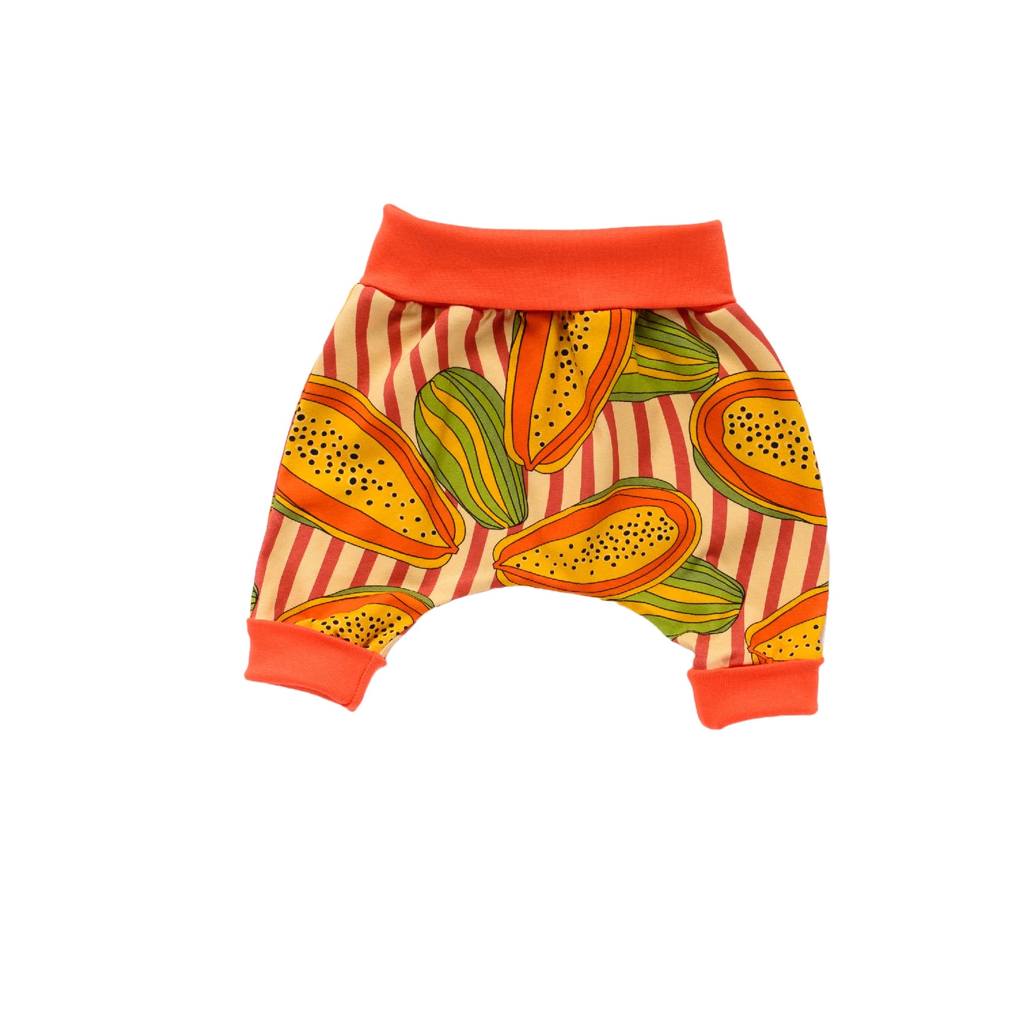 harem crawler trousers for baby and child with no elastic, foldable cuffs and waistband in a contrasting orange and papaya print. made in Bristol, UK