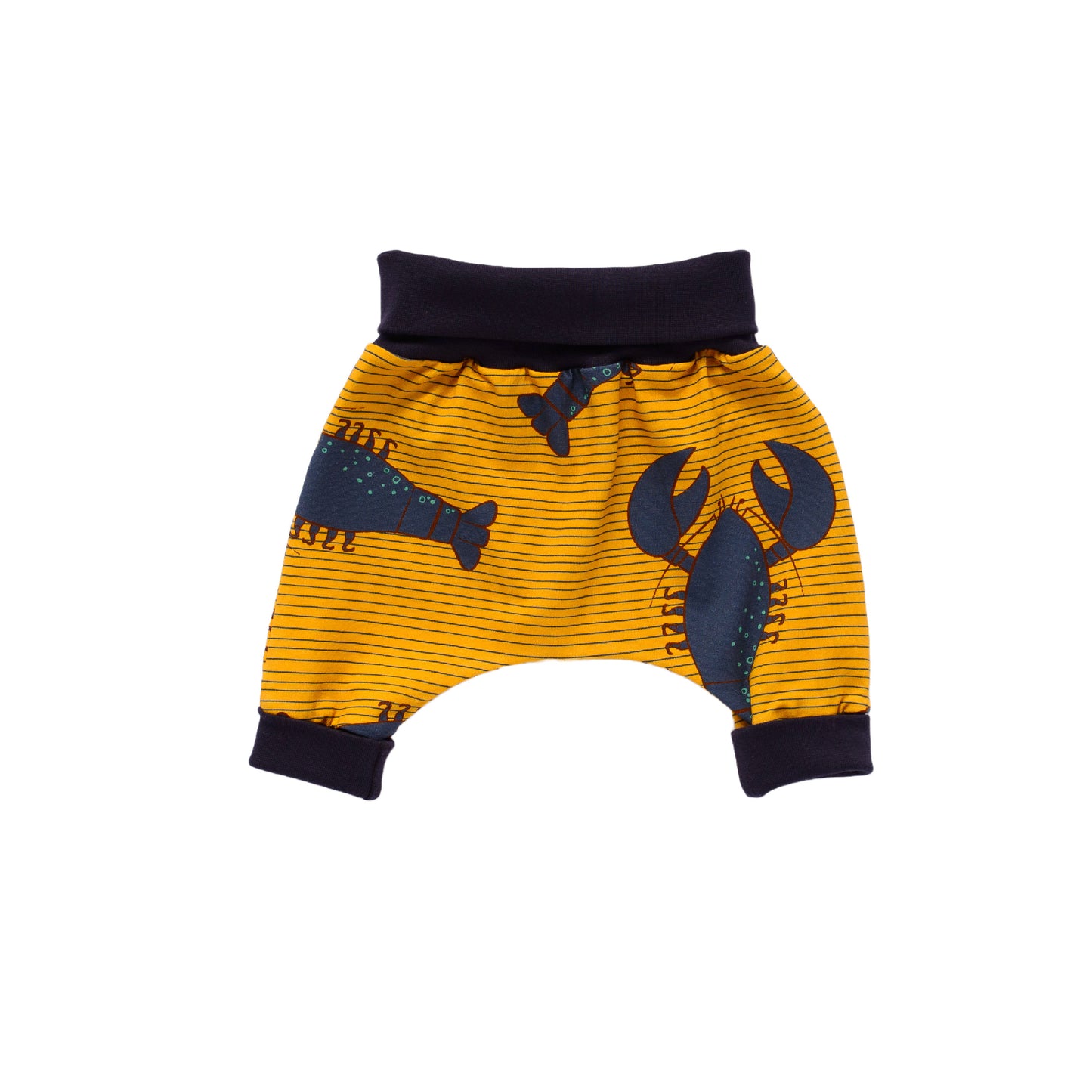 organic cotton jersey crawler baby and toddler trousers in a blue lobster print with stripes on gold background and contrasting navy blue waistband and cuffs, made in Bristol, UK