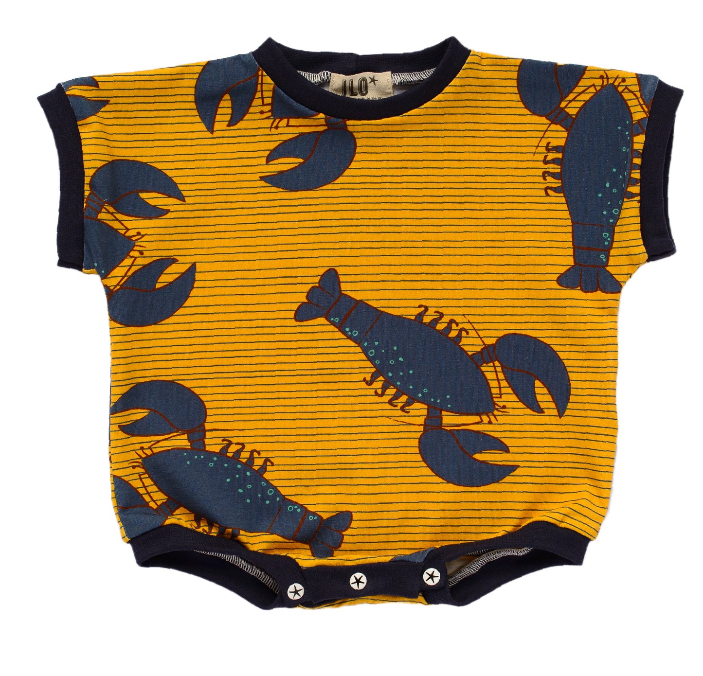Blue lobsters on gold short summer romper with bottom poppers and box style body, made in Bristol, UK with GOTS certified organic cotton jersey