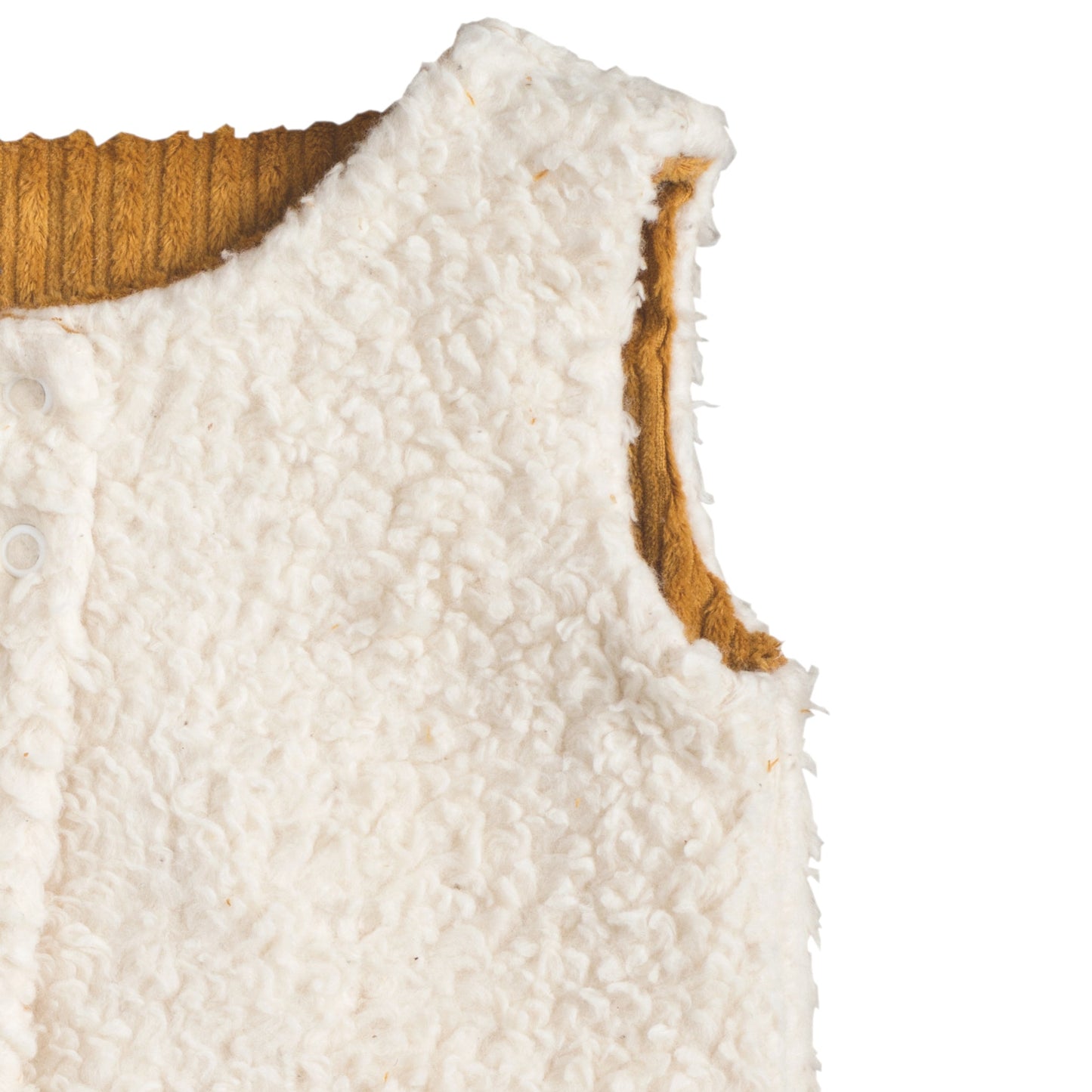 zoomed in inside out mustard organic cotton corduroy gilet waistcoat lined with organic cotton plush with one pocket