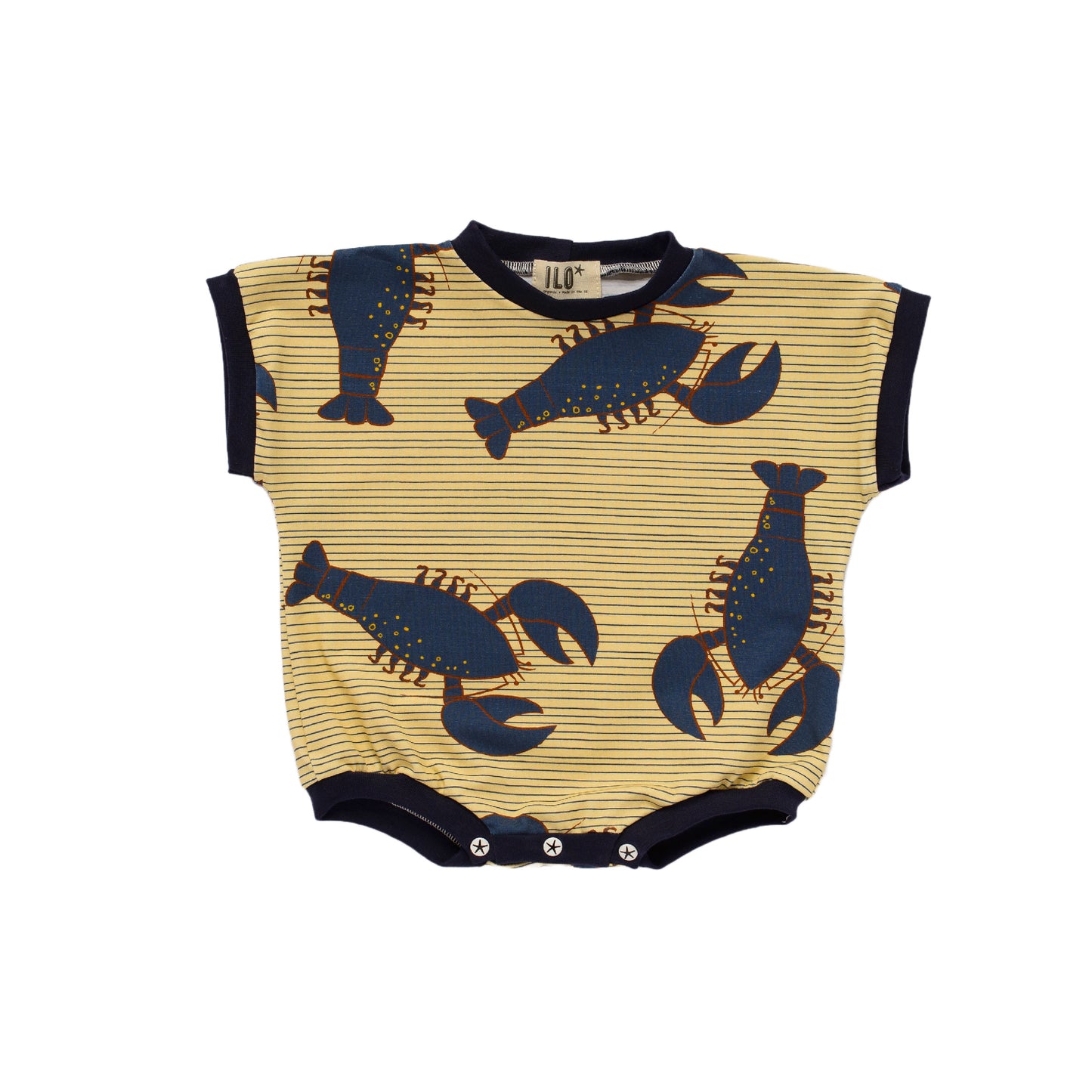 Short summer romper in blue lobsters on vainlla with bottom poppers, made in Bristol, UK