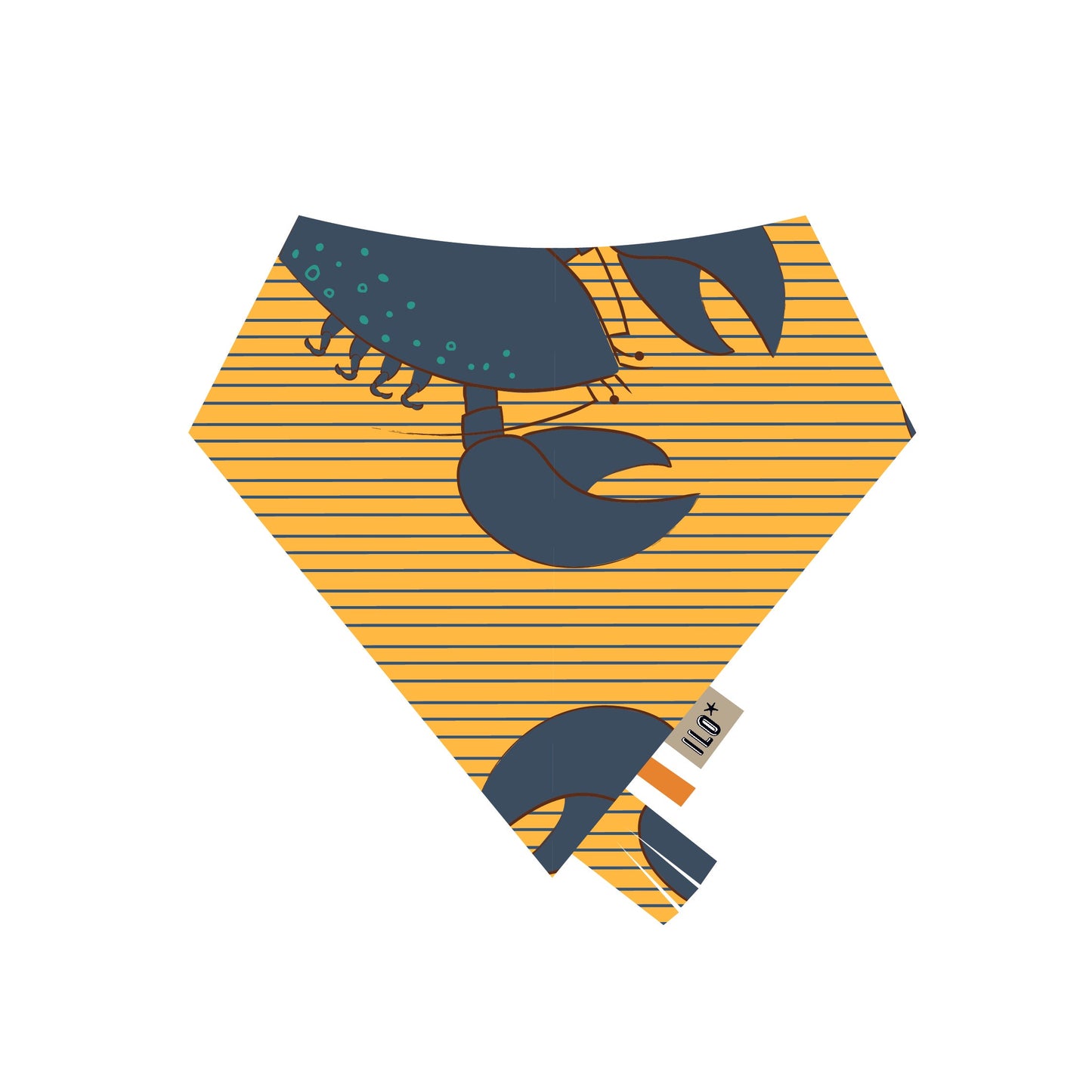 Reversible organic cotton jersey bib with sensory tags for pulling at and chewing, with blue lobsters on a striped background on gold made in Bristol, UK.