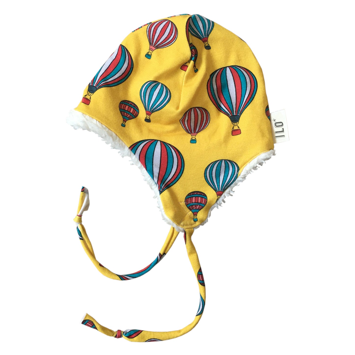 Organic hot air balloons winter hat with organic plush, also called sherpa, lining, print inspired by the Bristol Balloon Fiesta
