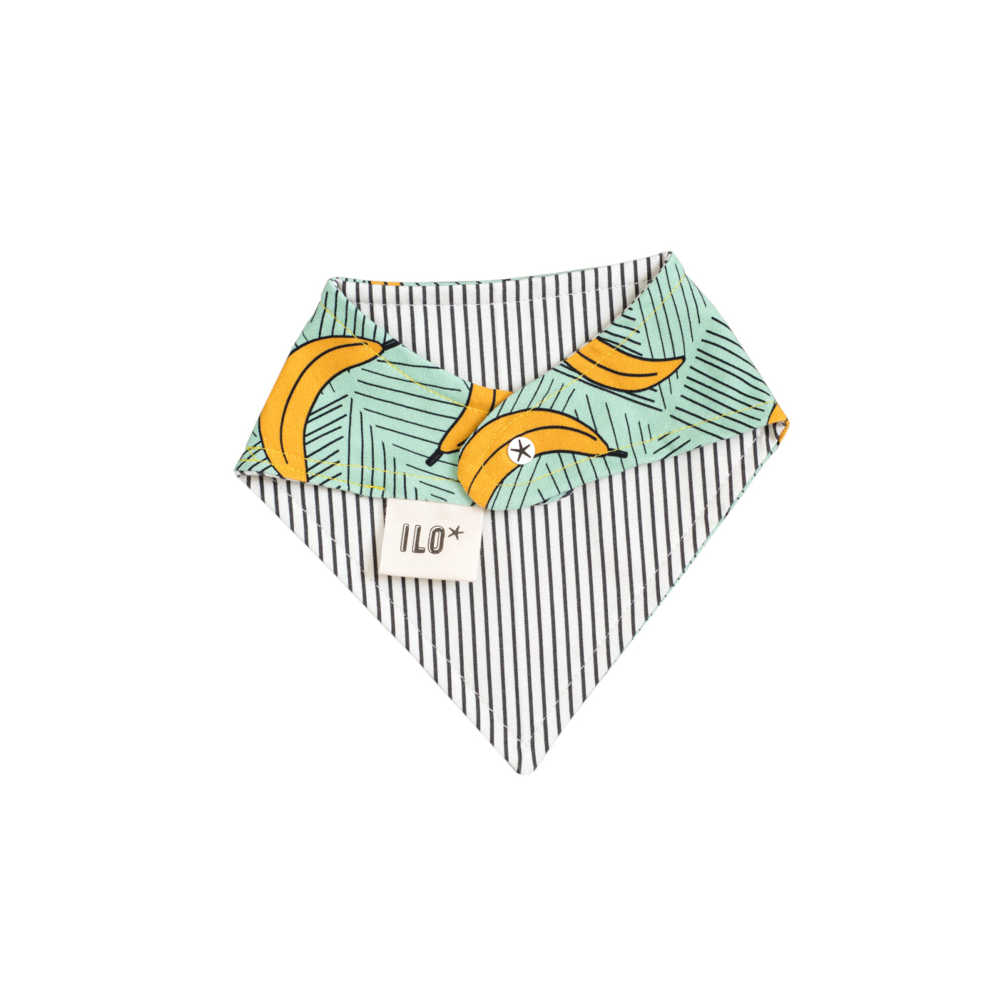 back of Bandana bib taggy dribble on mint colour organic cotton jersey with bananas print