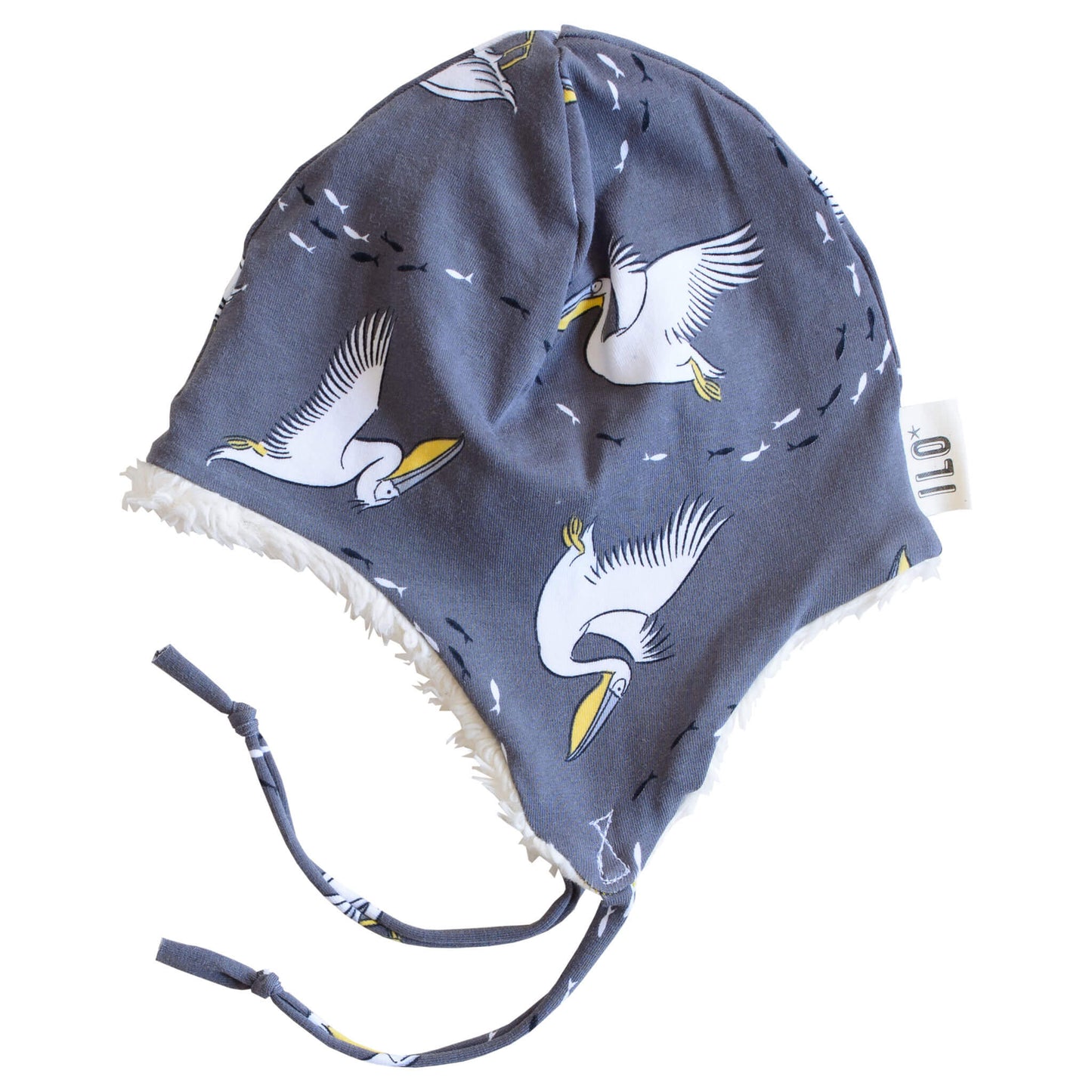 Pelicans organic plush or sherpa lined winter hat with ear flaps and ties