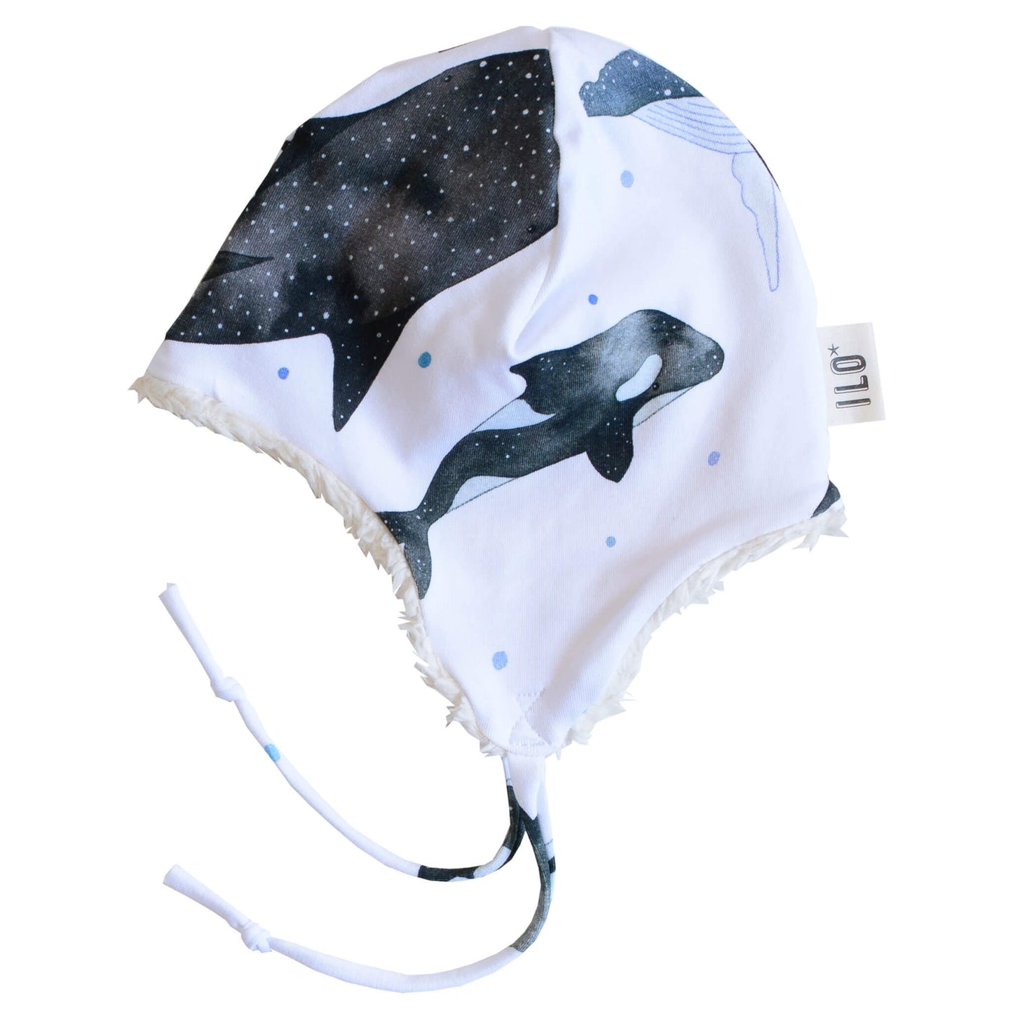 organic whales print winter hat with organic cotton plush linning.