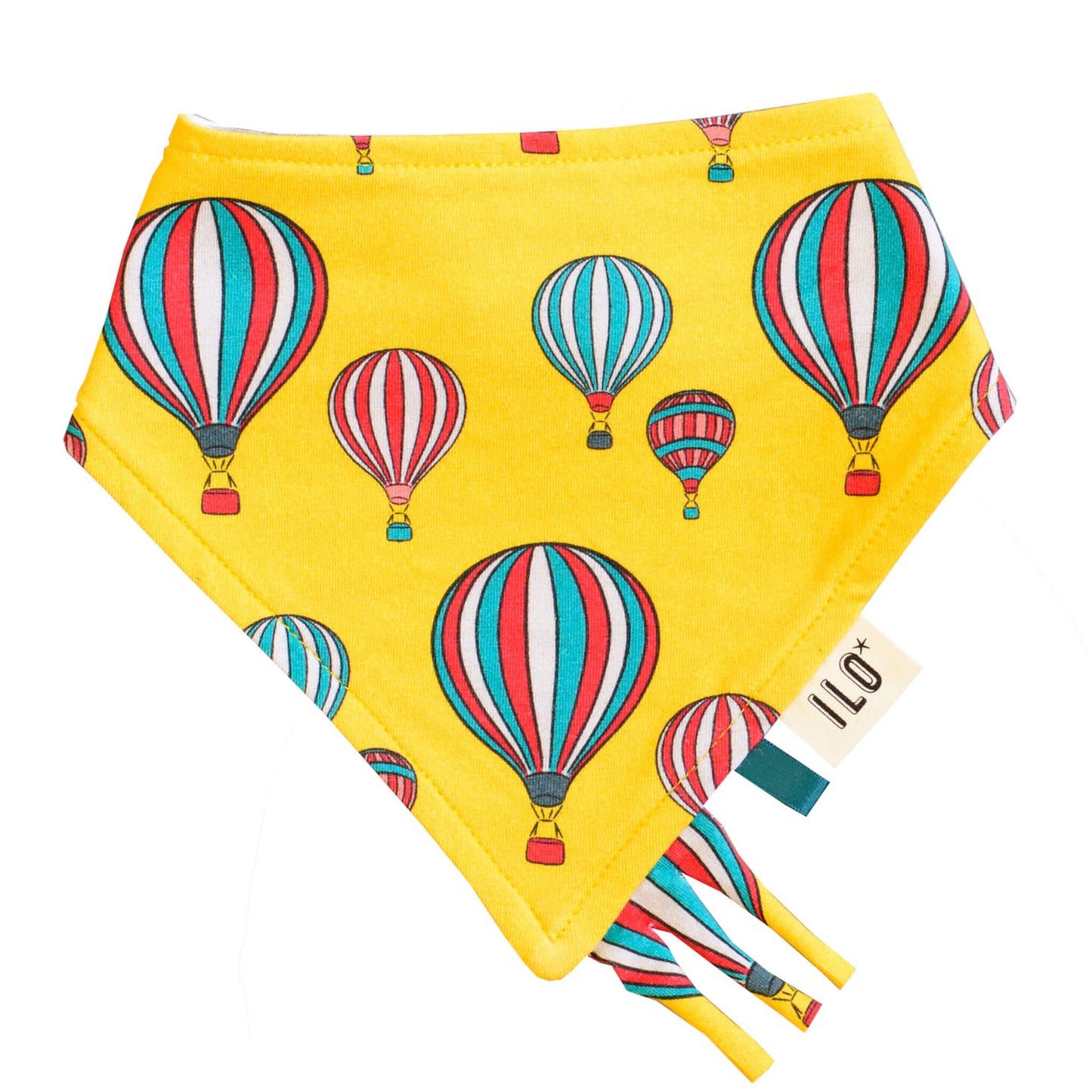 organic reversible hot air balloons bandana bib with frills, in yellow. Print inspired by the Bristol Balloons Fiesta.