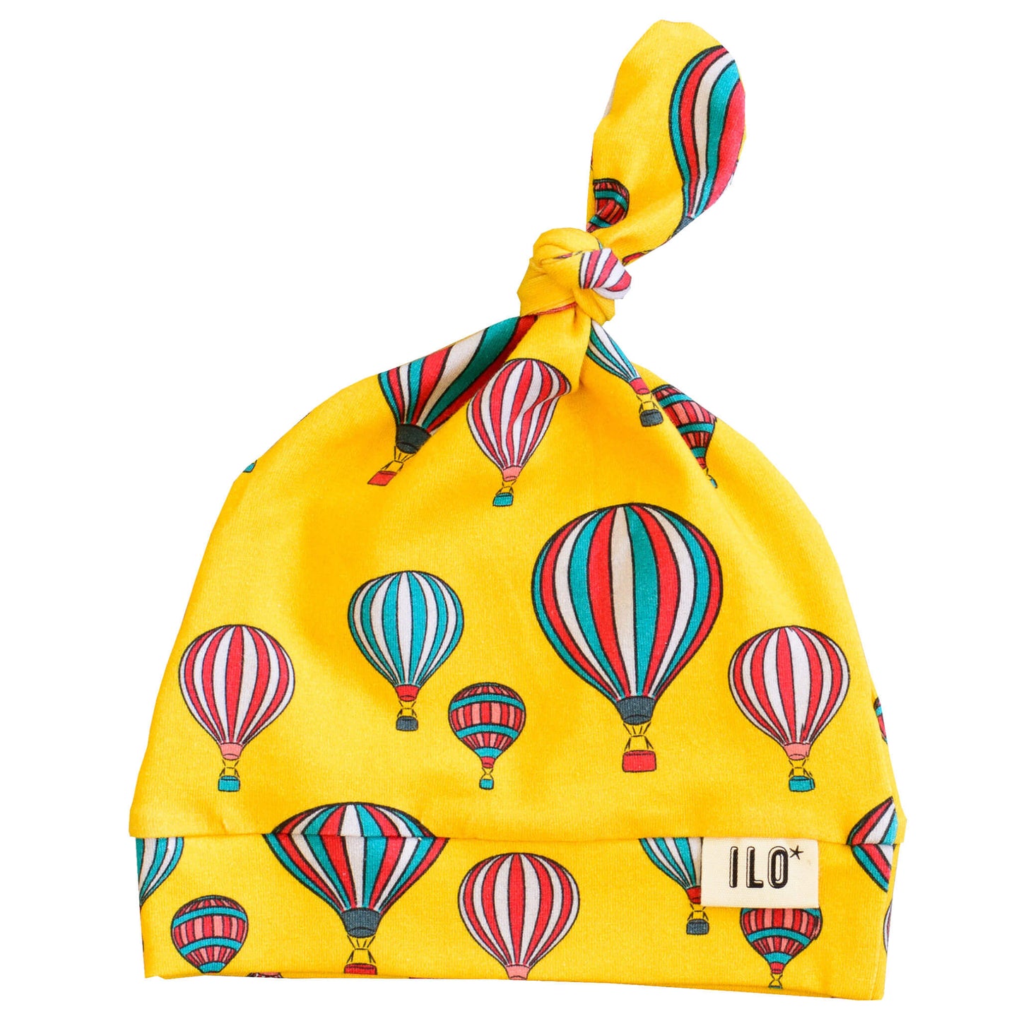 organic jersey knot hat in yellow hot air balloons, print inspired by the Bristol Balloon Fiesta