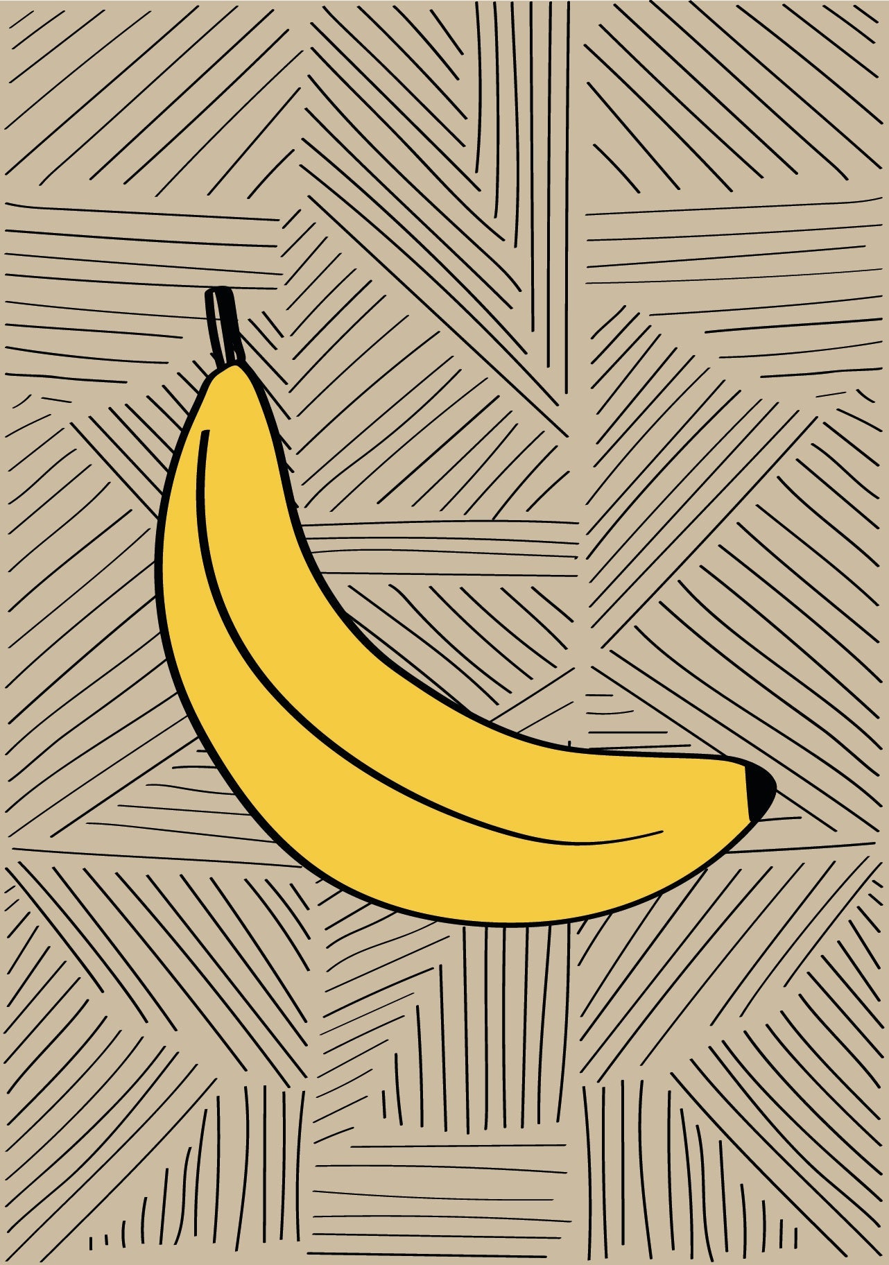 Banana greeting card, bright yellow fruit on beige background with graphic thin lines on background