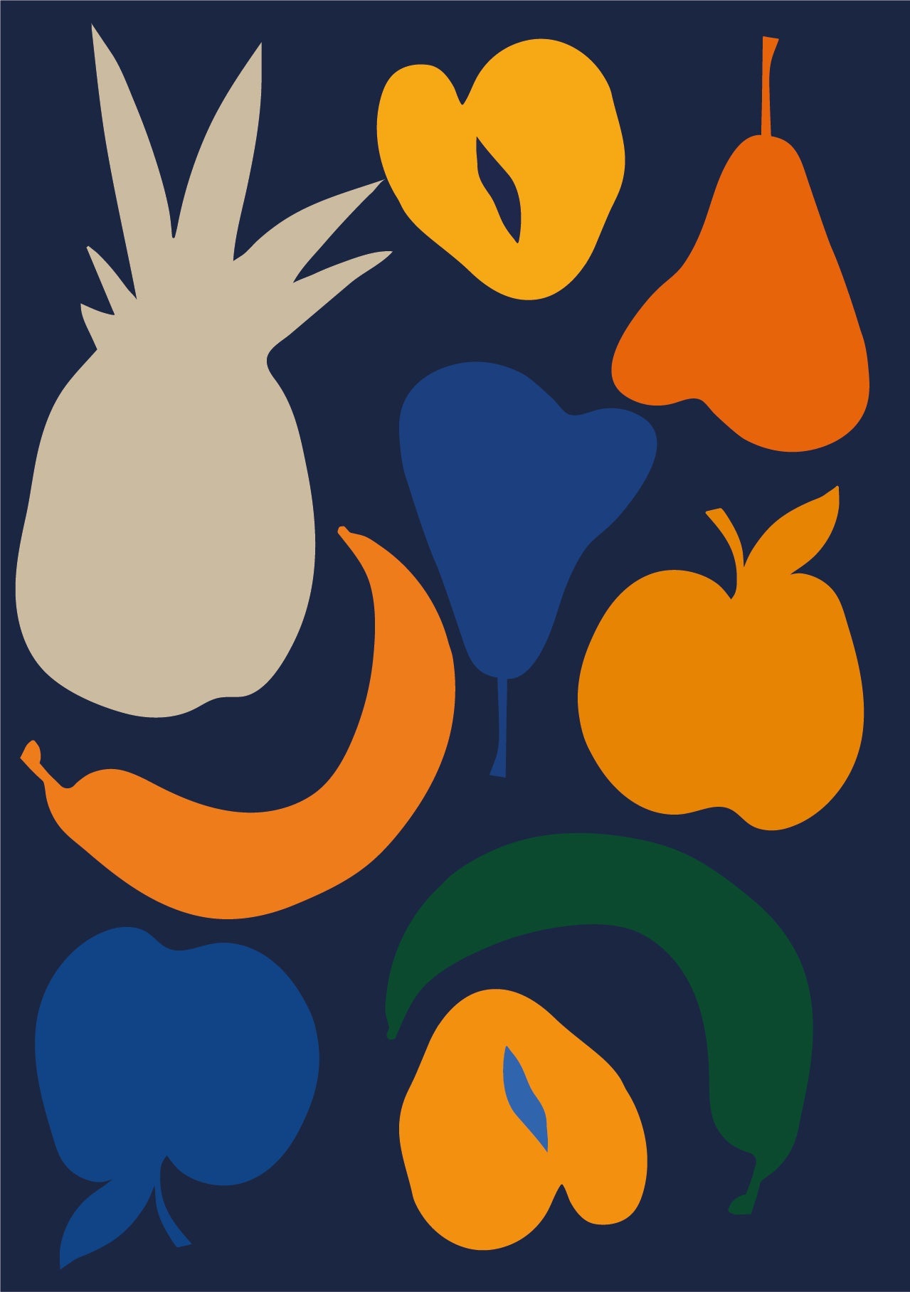 dark blue background greeting card with graphic pineapple, peaches, bananas, pears and apples in bold colours