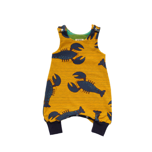 Size expandable grow with me romper with bottom poppers in a blue lobster on gold striped organic cotton jersey, made in Bristol, UK