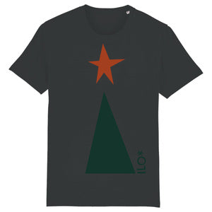 grey organic cotton t-shirt with a green triangle and red star screen print, perfect christmas t-shirt