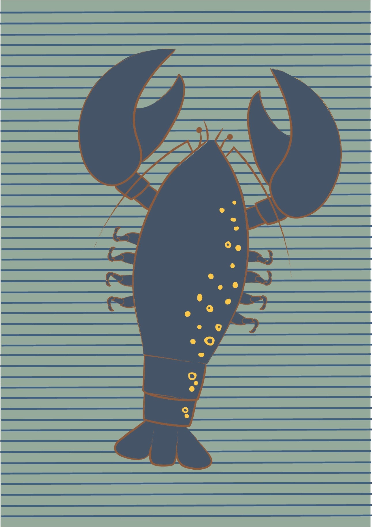 Blue Lobster on lighter blue background with horizontal lines