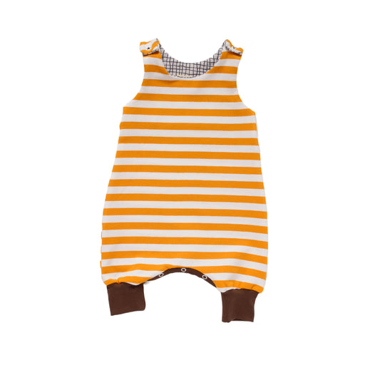 Mustard and white stripes with brown cuffs and popper band, expandable sizing, made with Organic cotton Sweat fabric in Bristol, UK