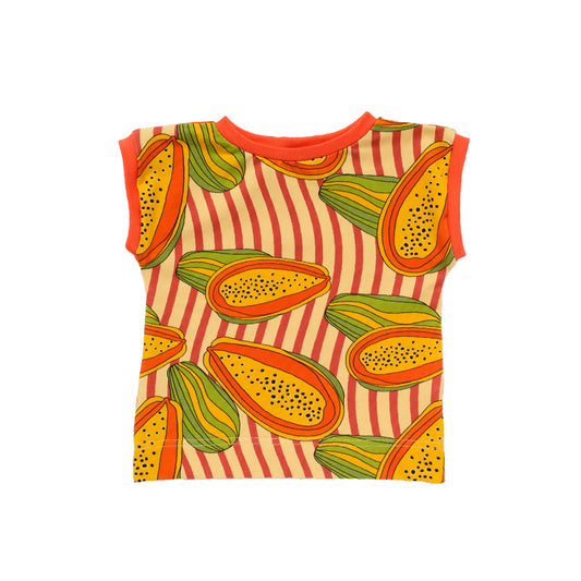Box style t-shirt for baby and child in a papaya print, made with organic cotton jersey in Bristol, UK