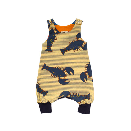 expandable romper made with organic cotton jersey in a blue lobster print with bottom poppers made in Bristol, UK