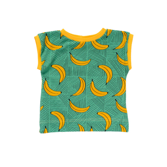 Box style t-shirt for baby and child in a banana print, made with organic cotton jersey in Bristol, UK