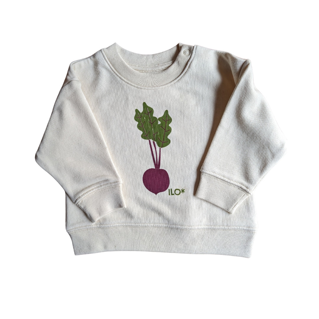organic cotton screen printed sweater with a beetroot