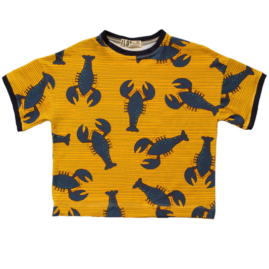 Organic cotton jersey blue lobsters on a gold background made to order in Bristol.