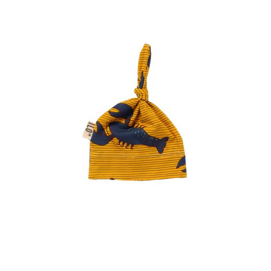 Organic cotton jersey blue lobsters on gold knot hat, size adjustable, made in Bristol, UK