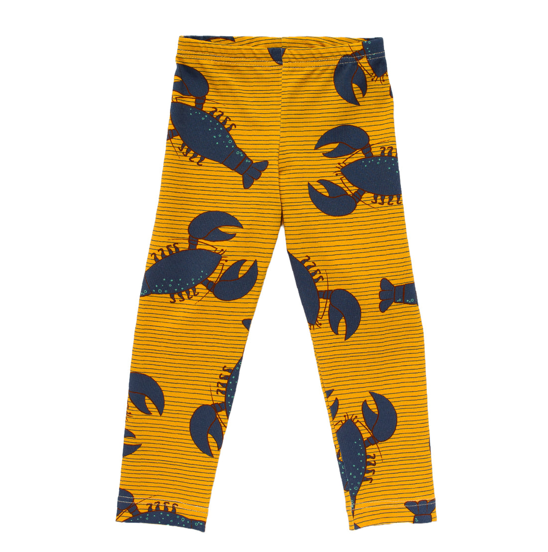 Organic Cotton Jersey Baby and Kids Leggings in a blue lobsters on gold