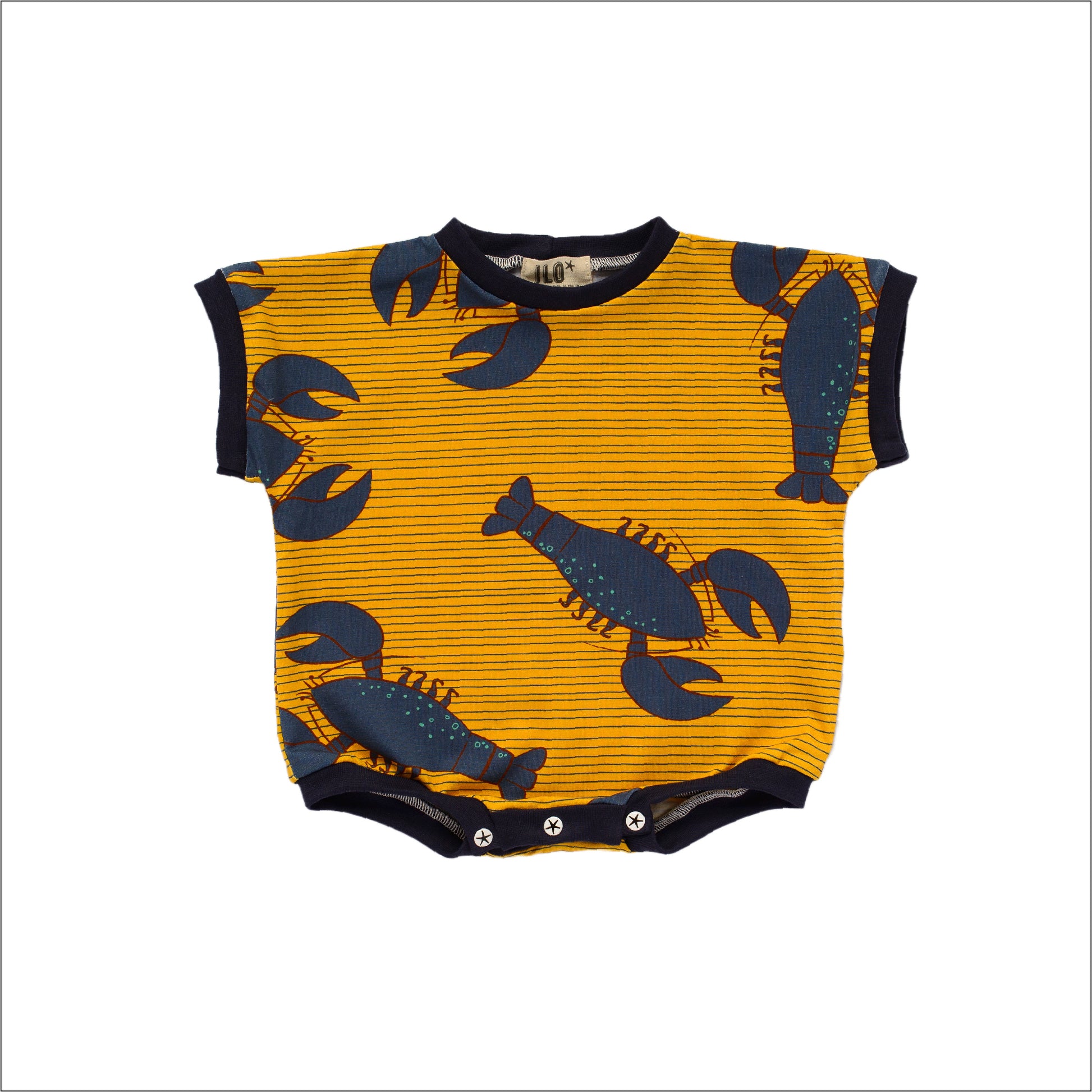Blue lobsters on gold short summer romper with bottom poppers and box style body, made in Bristol, UK with GOTS certififed organic cototn jersey
