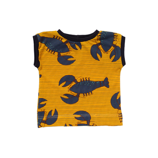 Box style t-shirt for baby and child in a blue lobster on gold print, made with organic cotton jersey in Bristol, UK