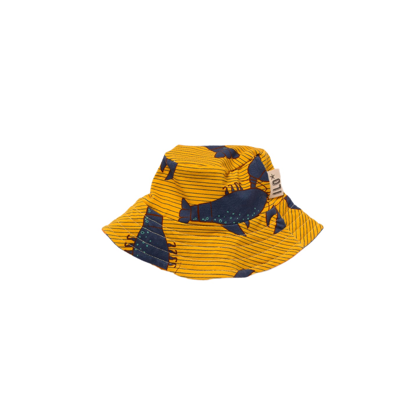 sunhat bucket style, reversible, with blue lobster on gold onone side, contrasting stripes on the other. Made in Bristol, UK