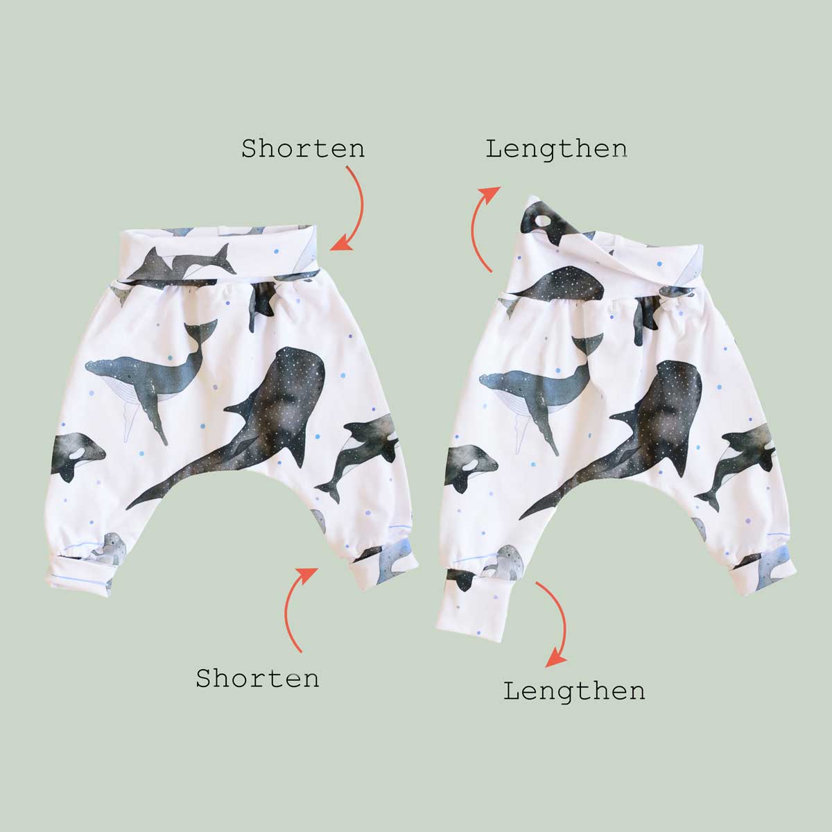 grow with me trousers illustrated image. Shorten and lengthen leg and waist band.