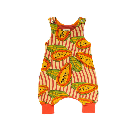 expandable sizing romper in a papaya print made with organic cotton jersey, bottom poppers, made in Bristol, UK