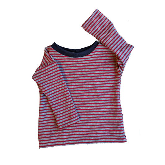organic cotton striped t-shirt long sleeves red and grey thin stripes wirh navy neckband