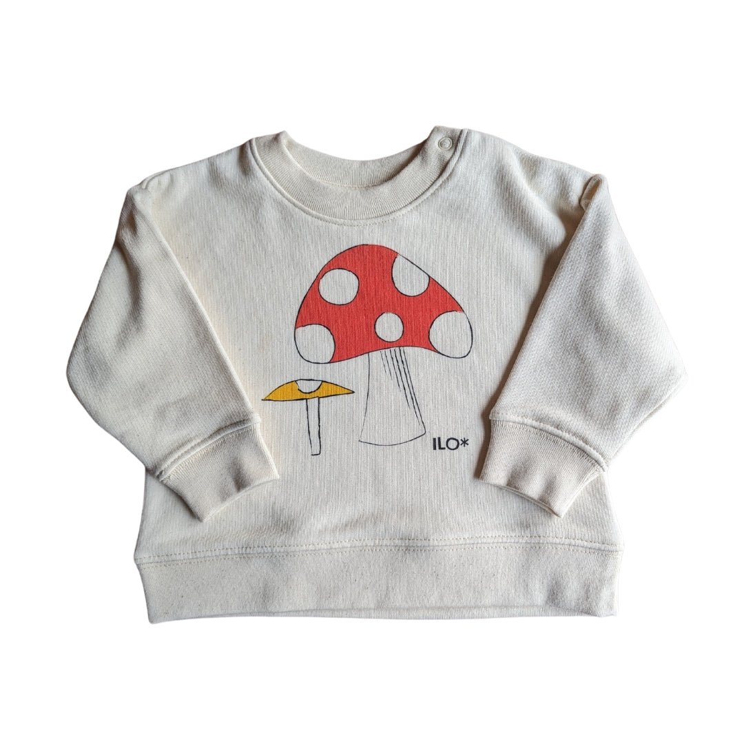 ILO organic cotton sweater with a toadstool screen print.