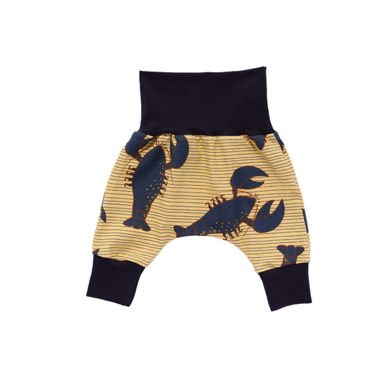 grow with me, expandable harem crawler trousers for baby and toddlers, no elastic, in a blue lobsters on cream background with contrasting navy waistband and cuffs. made in Bristol, UK