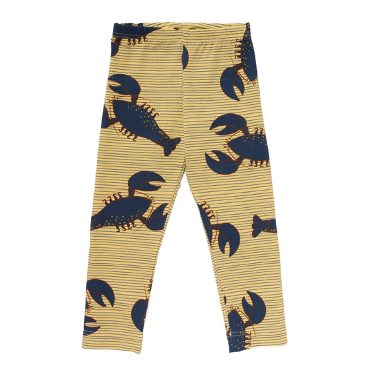 Organic cotton jersey leggings for baby and child, with blue lobsters on vainilla background, made in Bristol, UK