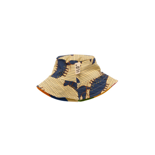 Blue lobster reversible sun hat on vainilla, with contrasting striped on reverse, made with organic cotton jersey in Bristol, UK