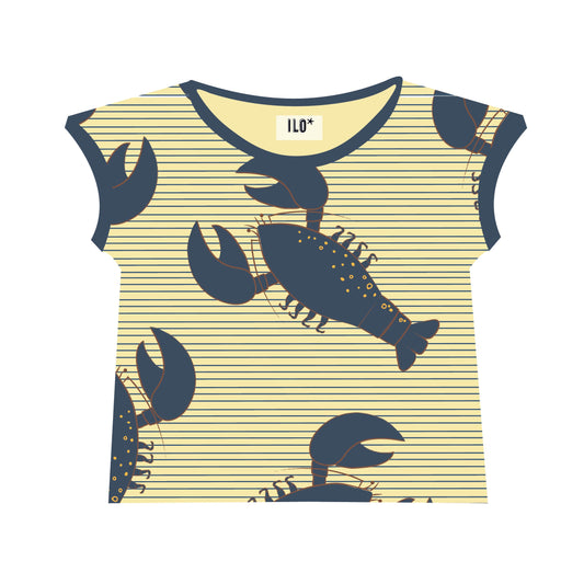 Box style t-shirt for baby and child in a blue lobster on vainilla print, made with organic cotton jersey in Bristol, UK