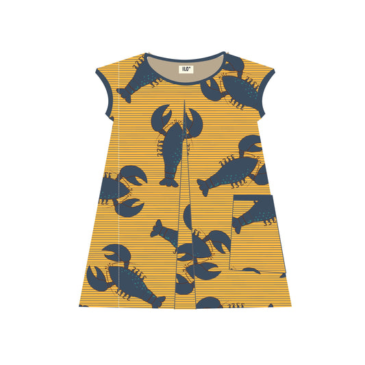 Organic Jersey Blue Lobsters and Gold A-Line Dress