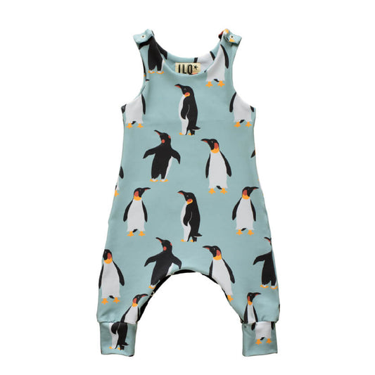 ILO Penguins Organic grow with Me Romper open shoulder and folded cuff