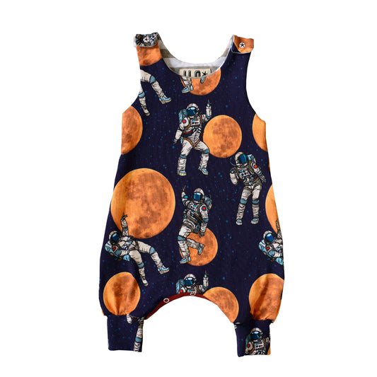 Austronaut and moon grow with me romper in organic cotton jersey made in Bristol, uk