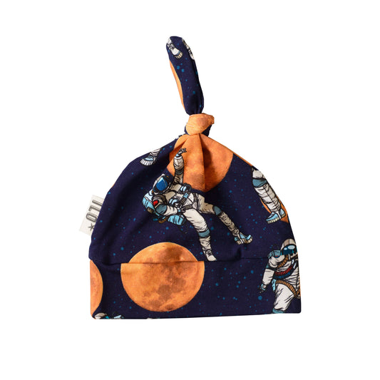 Spaceperson and moon organic cotton jersey knot hat made in Bristol, UK