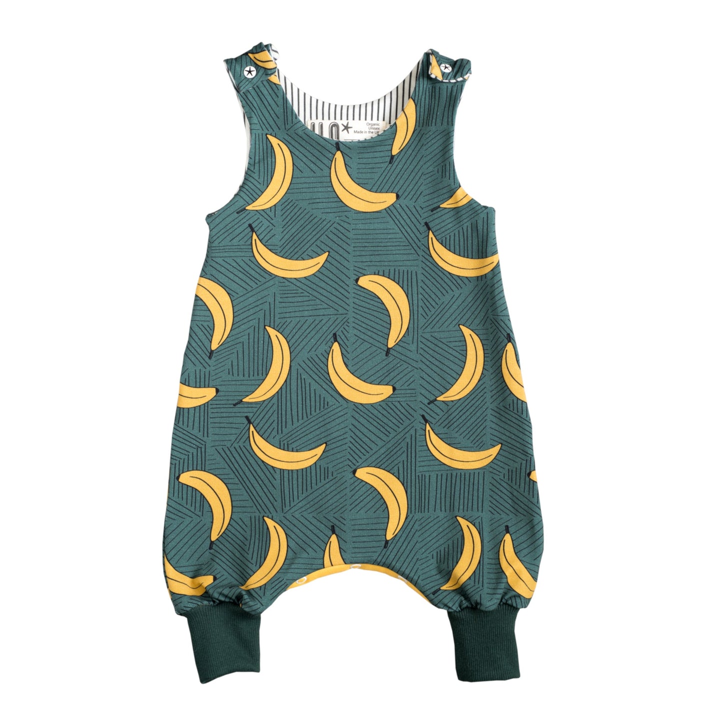 baby romper with bananas on a forest green background colour fabric of organic cotton jersey
