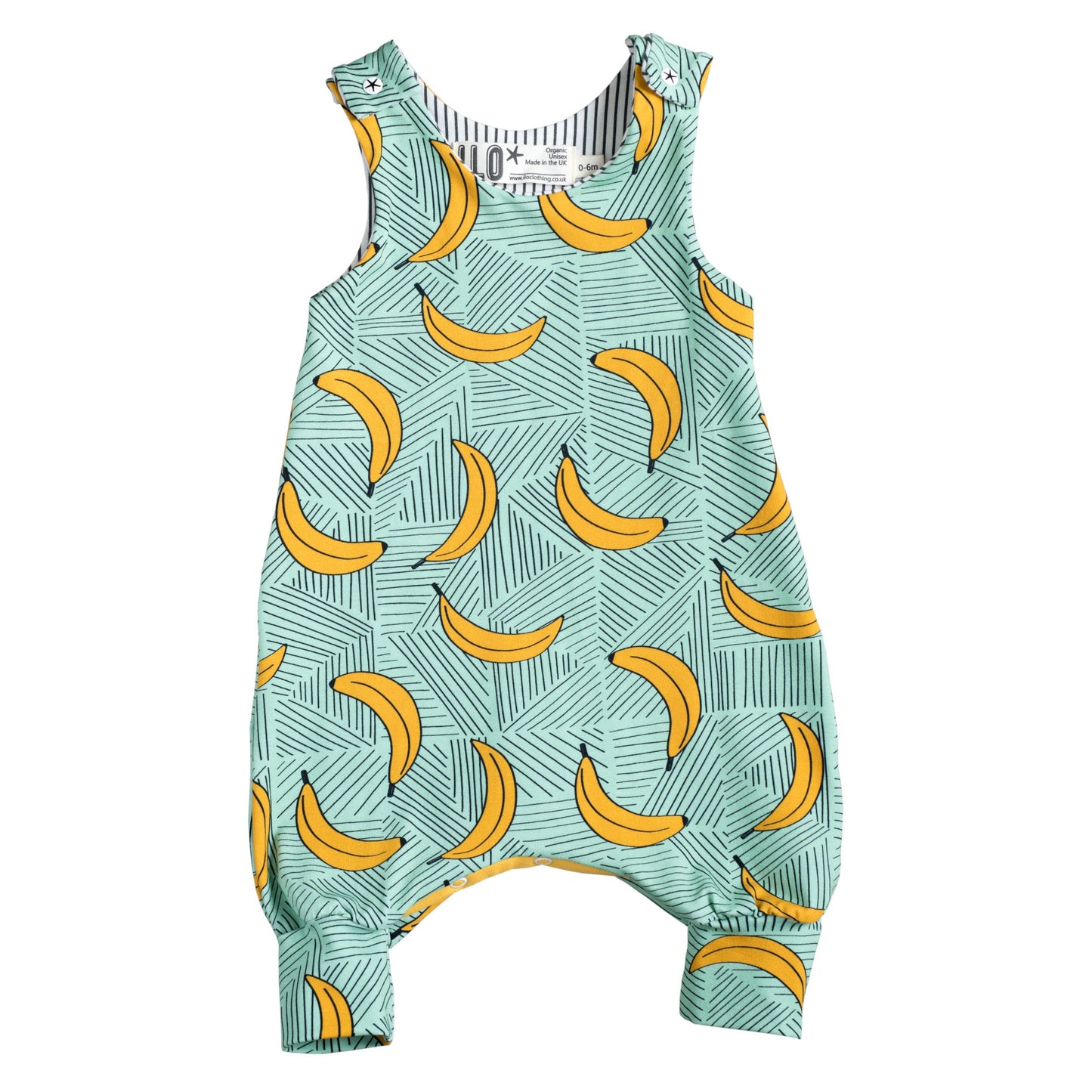 baby romper with bananas print on mint colour organic cotton jersey fabric