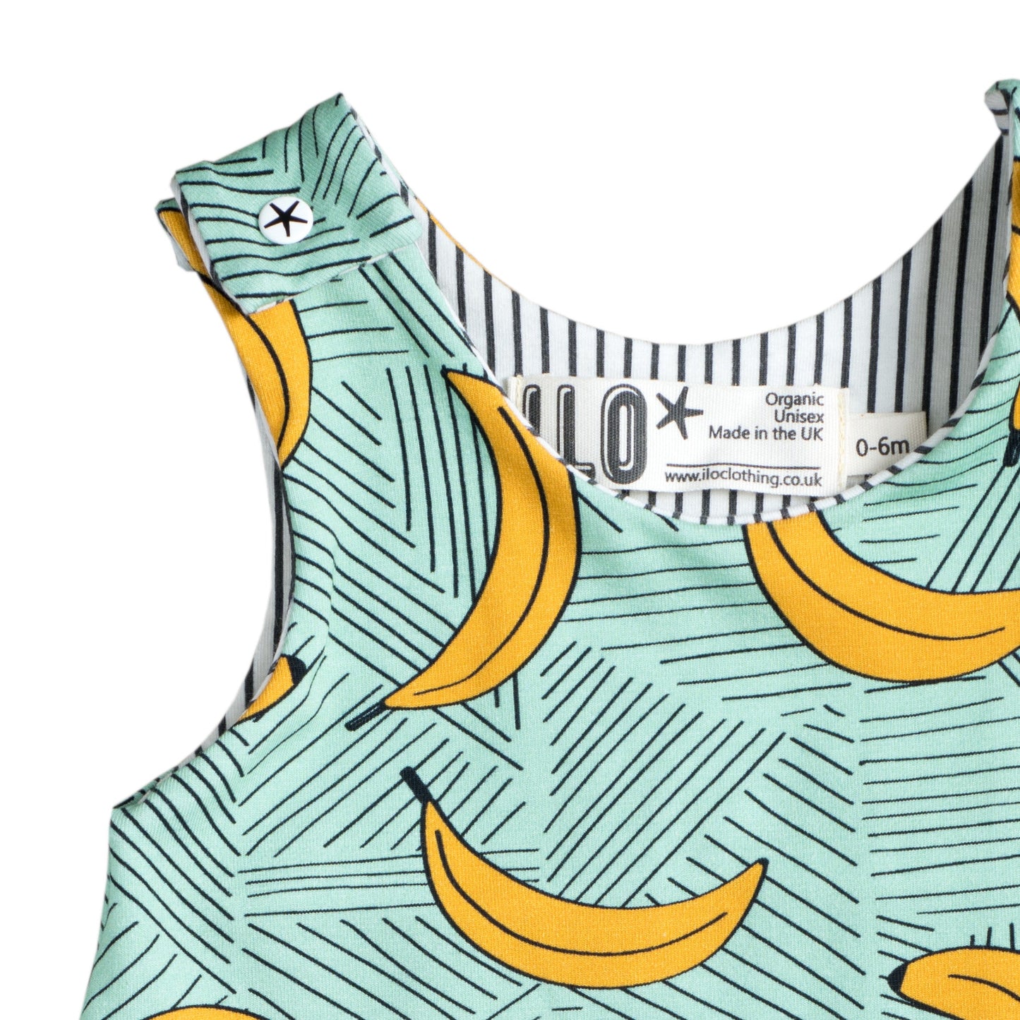 close up of the top of an expandable ILO baby romper with bananas on a mint background