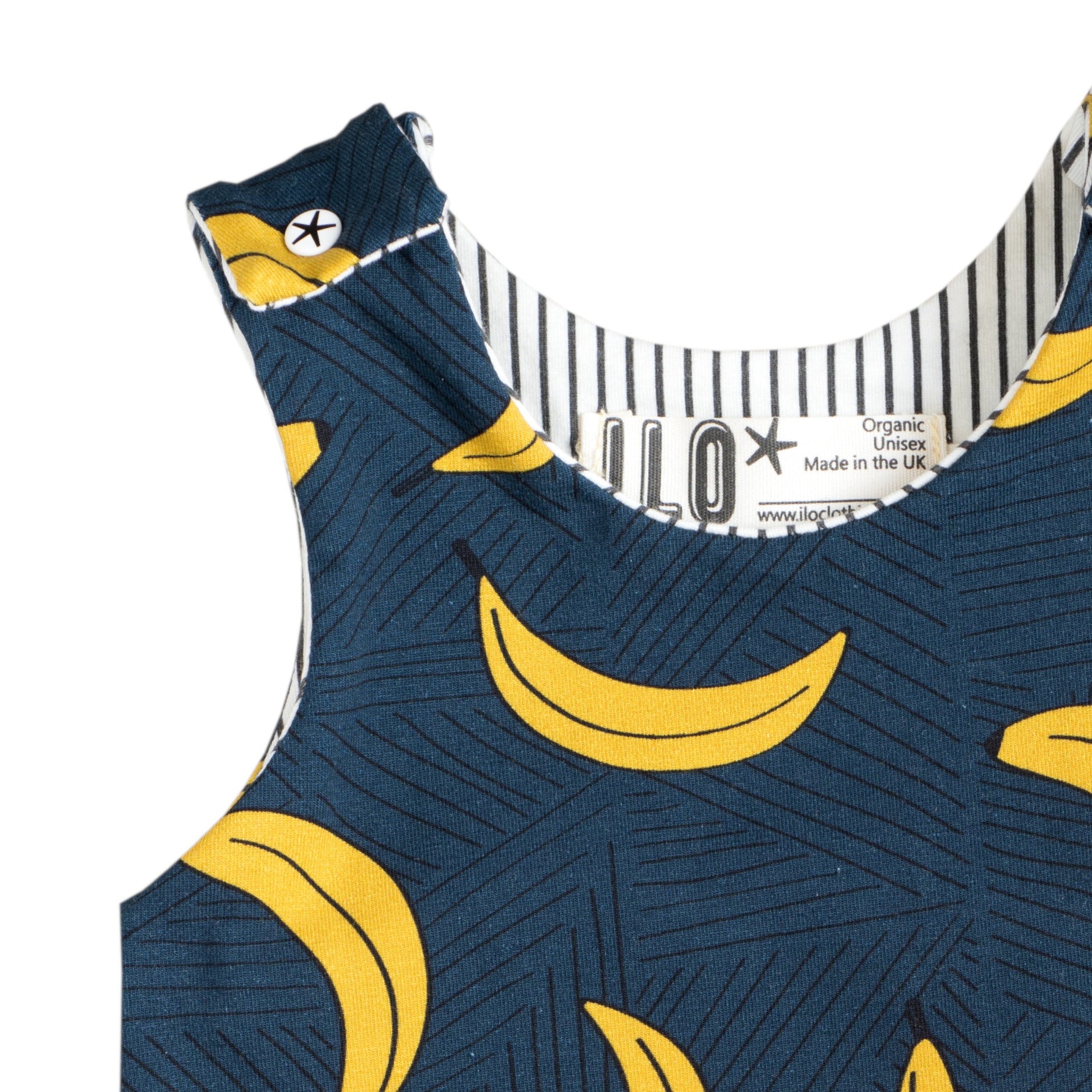 close up of the top of a baby romper on navy colour fabric with bananas