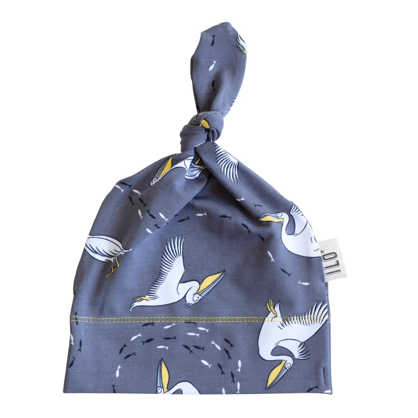 Pelicans organic knot hat, grey illustration with yellow and white contrasts