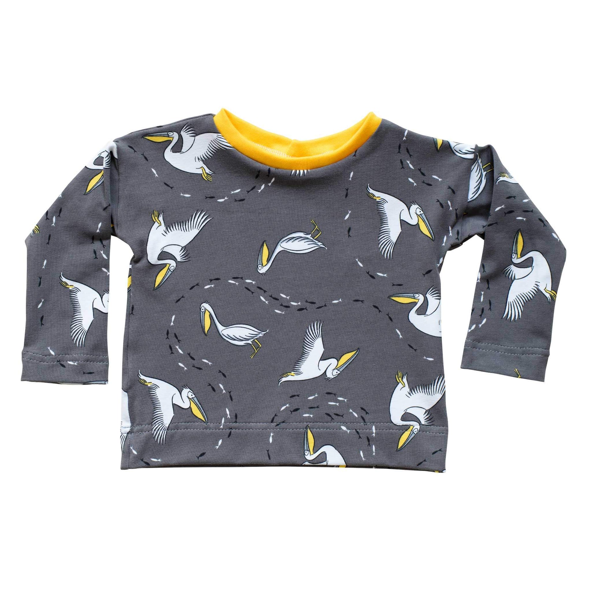 Relaxed long sleeved pelican print tee with contrasting neck band in yellow organic rib.