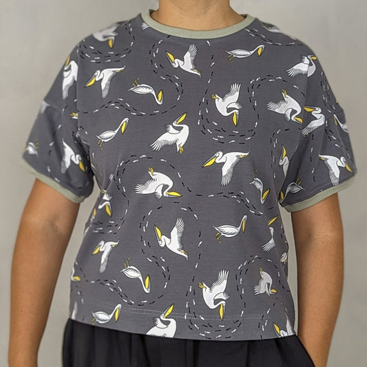 Pelicans organic box t-shirt for adults with contrasting neckband and sleeve bands, made to order in Bristol, UK
