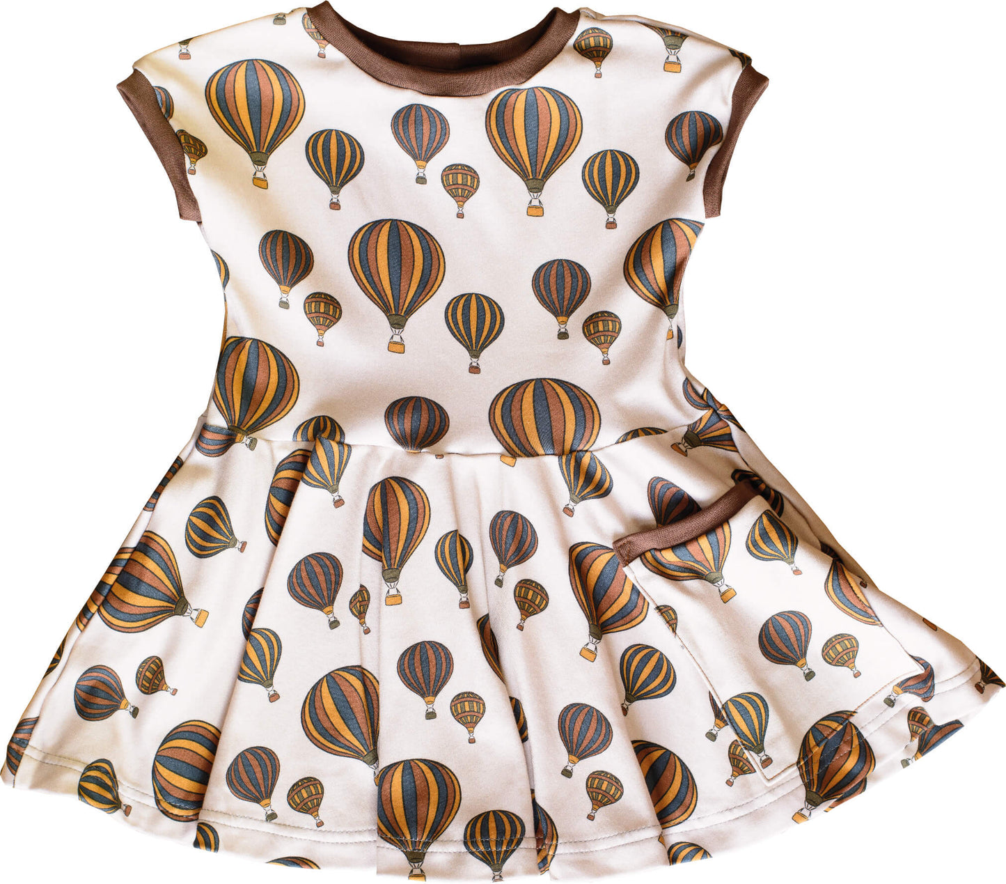 skater baby and kids dress in a brown, beige, blue and mustard hot air balloons print made with 100% GOTs certified organic cotton.