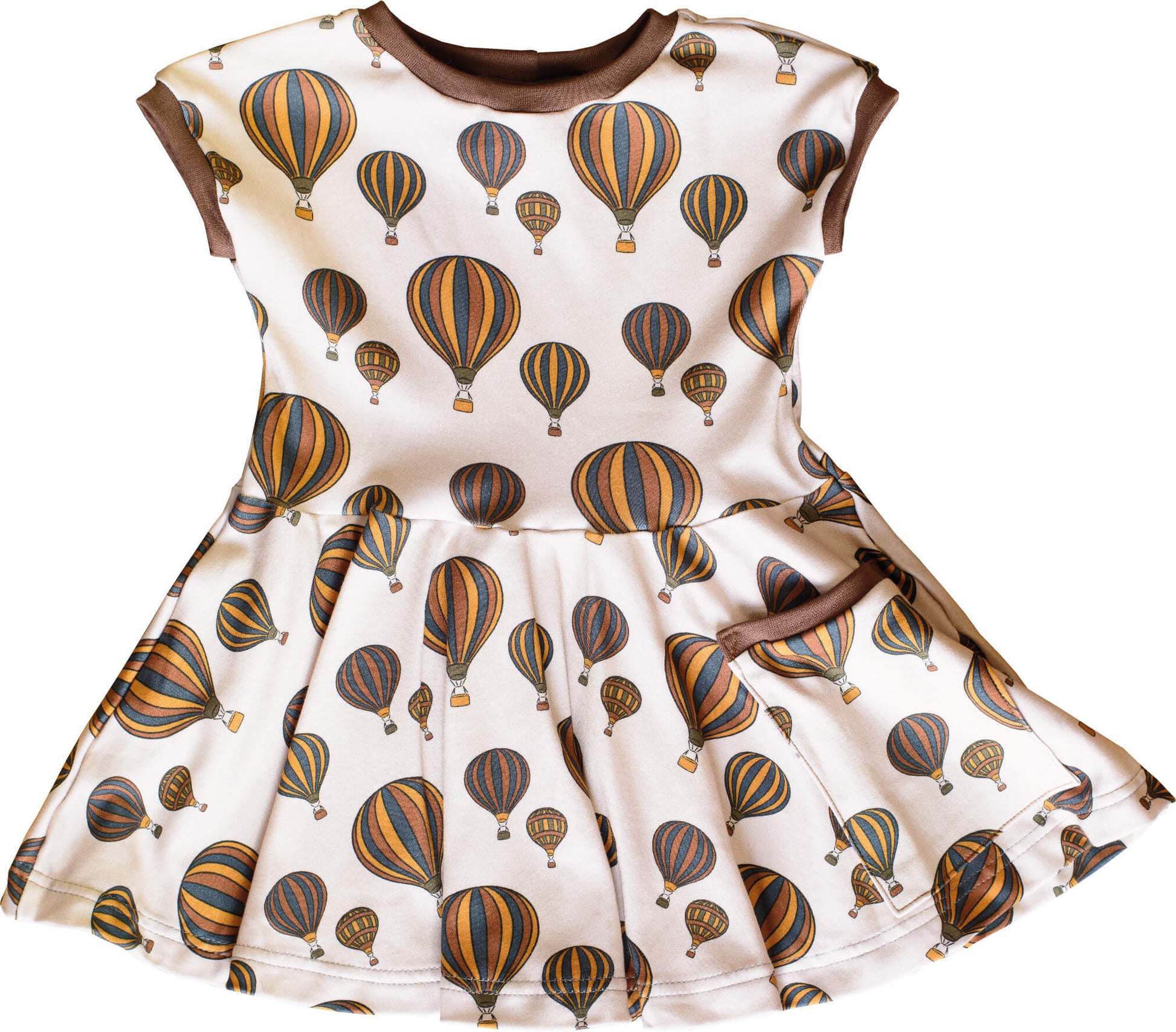 skater baby and kids dress in a brown, beige, blue and mustard hot air balloons print made with 100% GOTs certified organic cotton.